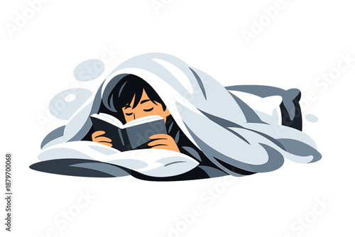 Image Generation. Bedtime Reading Scene. A reader under a blanket, book resting close to the face, quiet focus