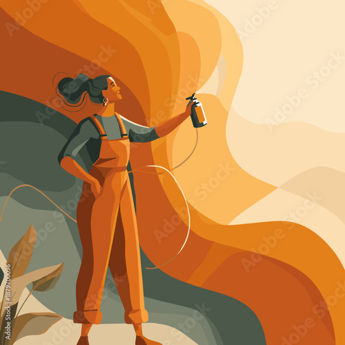 Young woman spraying paint while standing confidently in a colorful setting  