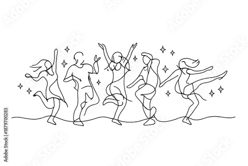Dancing Silhouettes Sparkle. Joyful dancing crowd sparkles. Minimalistic one-line drawing joyful crowd dancing