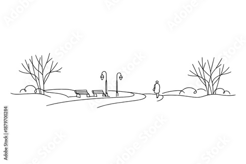 Minimalistic Snowy Park. Quiet city park in snow. Minimalistic one-line drawing peaceful snowy park scene with
