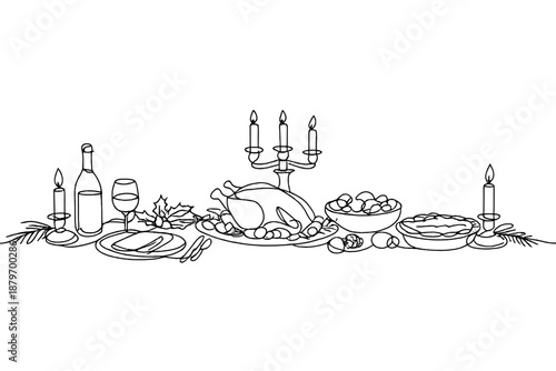 Minimalistic Festive Table. Festive dinner table scene. Minimalistic one-line drawing detailed table setting