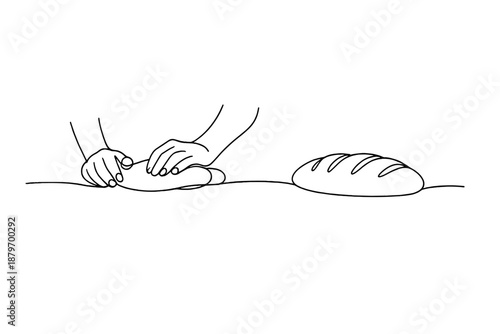 Minimalist Bread Art. Fresh bread at home. Minimalistic one-line drawing loaf of bread on countertop with