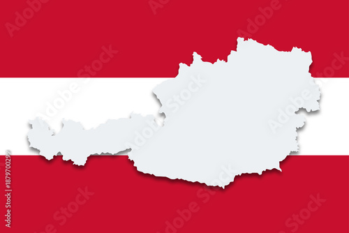 Austria, country silhouette on national flag. Gray outline of Republic of Austria with cast shadow, on horizontal triband with red-white-red stripes, one of the oldest national symbols still in use.