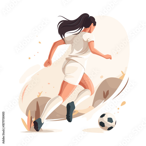 Young woman running while playing soccer in active outdoor scene  