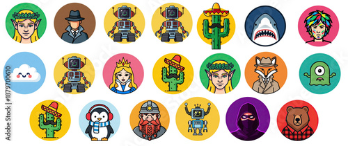 Flat minimalist avatar collection in circular frames. Diverse cartoon characters with thick outlines, vibrant colors for UI, apps and gamified icons.