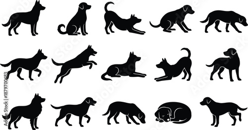 Dog silhouette collection showing multiple canine poses including standing sitting running playing sleeping actions isolated on white background for pet design use