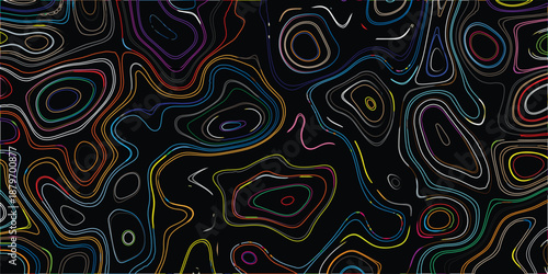 Abstract topographic map-like pattern with swirling, multicolored contour lines in vibrant hues of blue, green, orange, white, and red on a stark black background