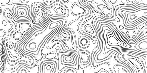 Black and white abstract topographic map-like pattern with swirling, thick contour lines creating organic, irregular shapes and a sense of depth on a white background