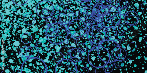 Vibrant teal and blue abstract particles and rings scattered across a dark background, representing digital data flow, cosmic dust, or scientific visualization