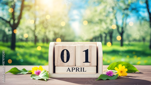 A calendar marking the first day of april in a serene natural setting