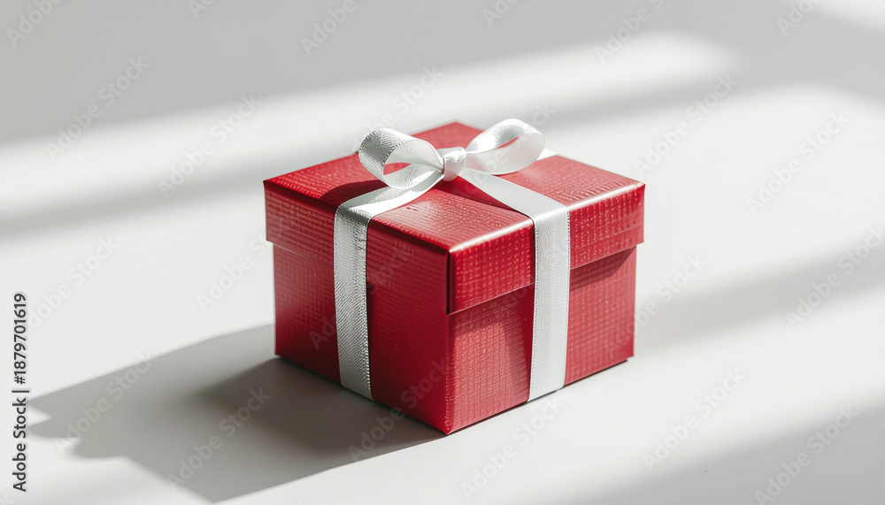 Obraz premium Minimalist Valentine gift concept, single red gift box with white ribbon on neutral