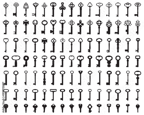 Set of black silhouettes of door keys on white background	