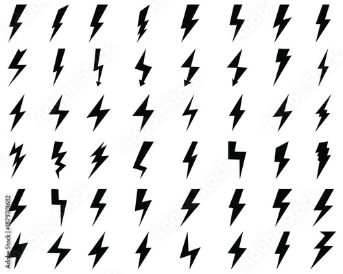 Black icons of thunder and flash lighting on a white background