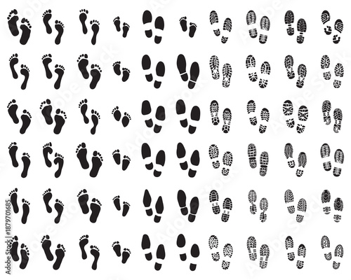 Black prints of shoes and human feet on a white background	