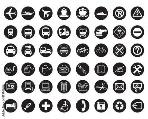 Set of black buttons with icons and signs