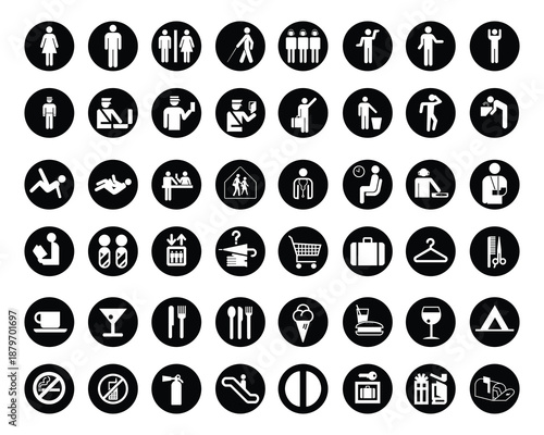 Set of black buttons with icons and signs