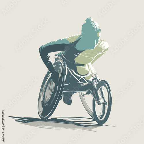 Disabled athlete racing in wheelchair with dynamic motion style  