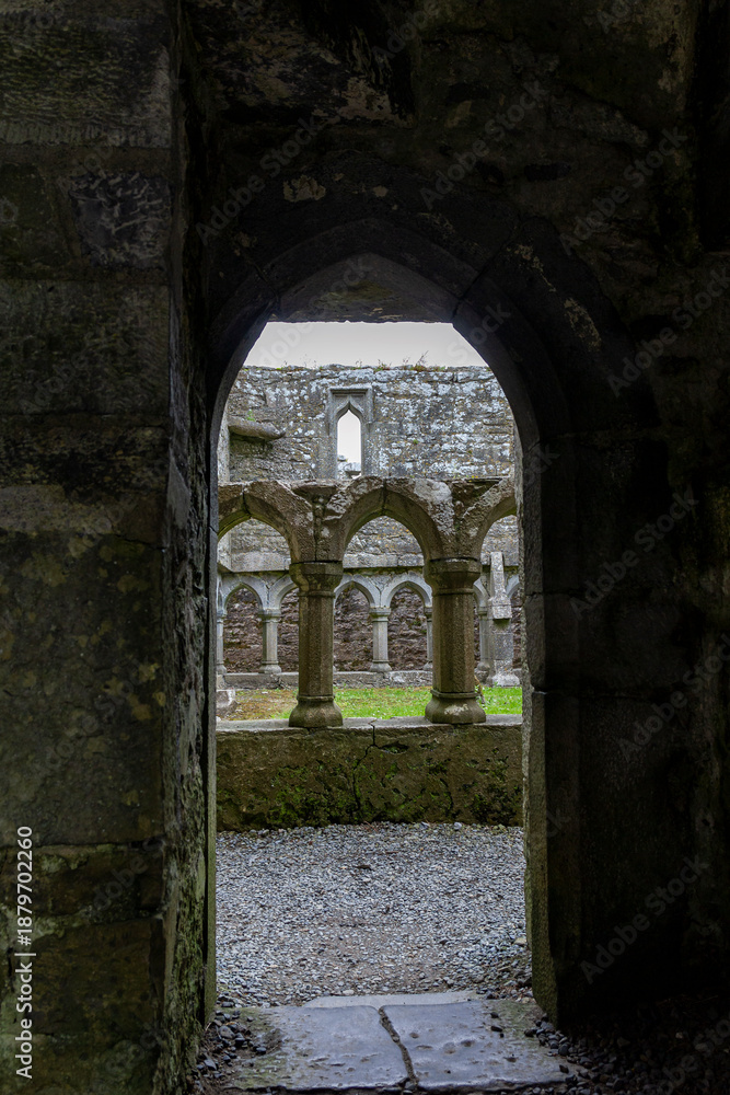 Fototapeta premium detail view inside the famous ruin of Ross Errily Friary in the north of ireland, county Galway 