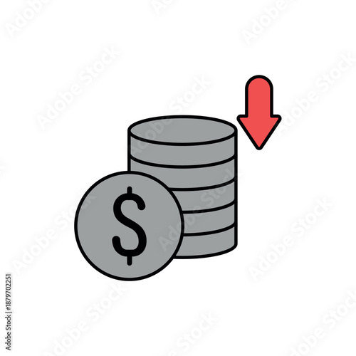 Icon a Deflationary coin stack with downward arrow, isolated against a clean background.
