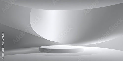 A modern studio rendering, with curved, monochromatic backdrop, and a circular platform