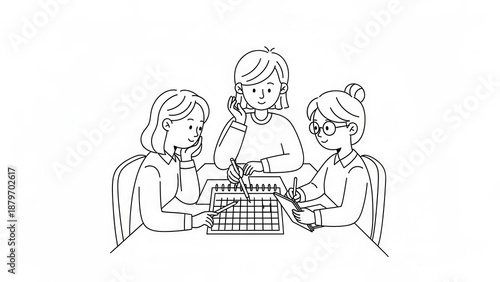 Three women learning to use an abacus, educational illustration, hand-drawn style