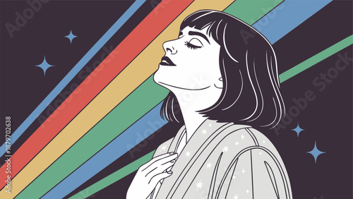 Woman with eyes closed feels a sense of peace against a background of colorful retro stripes and stars.