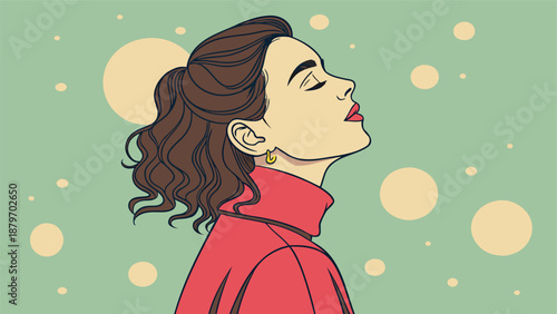 Woman in a red turtleneck closes her eyes and tilts her head back in a moment of peaceful contemplation.
