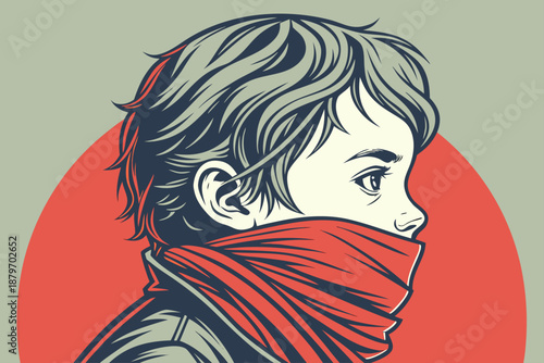 Young boy profile view conceals his mouth with a thick red scarf against a muted background.