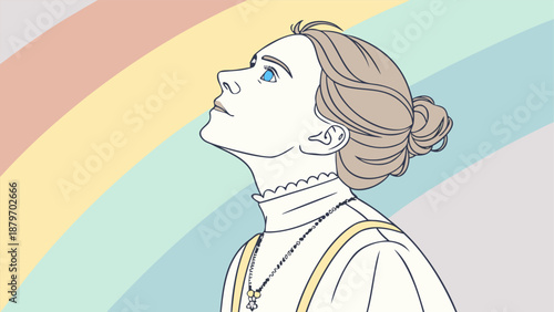 Woman with hair in a bun gazes upward toward a pastel rainbow arc in the sky.