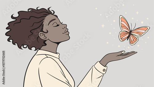 Woman holds out her hand toward a delicate orange butterfly surrounded by sparkling light effects.