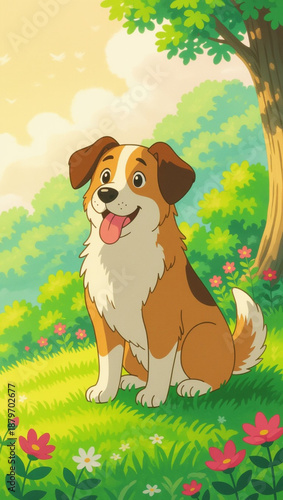 Happy Cartoon Dog Sitting on Green Grass Field with Pink Flowers and Summer Forest Background