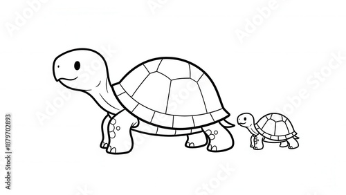 Two cartoon turtles, a large one and a small one, walking side by side.