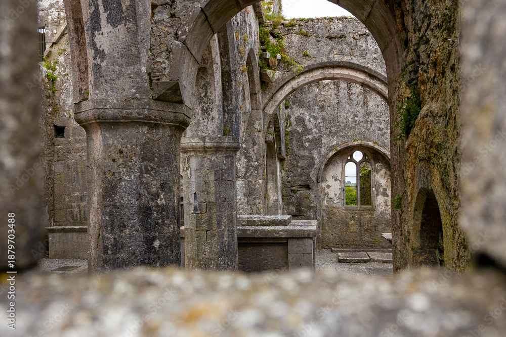 Fototapeta premium detail view inside the famous ruin of Ross Errily Friary in the north of ireland, county Galway 