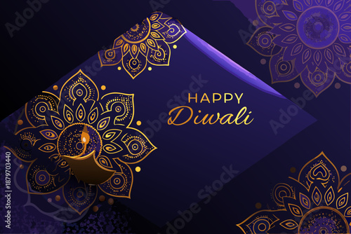 Golden floral patterns and a lit lamp celebrate the festival of diwali