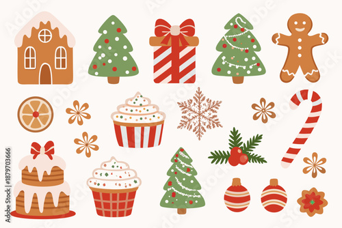 Festive christmas treats and decorations gingerbread cakes trees and candy