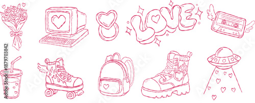Cute Y2K valentine hand drawn vector line art set with retro computer roller skates and ufo for boho aesthetic grunge wall art illustration print design