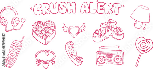 Cute Y2K valentine hand drawn vector line art set with headphones heart chocolate box and platform shoes for boho aesthetic wall art illustration print design