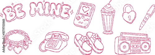 Cute Y2K valentine hand drawn vector line art set with handheld game milk shake and retro phone for boho aesthetic wall art illustration print design