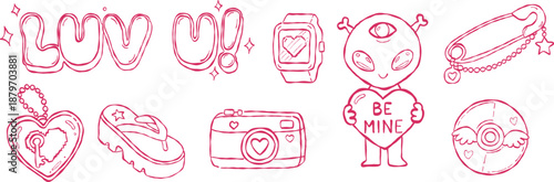 Alien extraterrestrial with camera and smartwatch Y2K valentine hand drawn vector line art for quirky aesthetic sticker and streetwear design