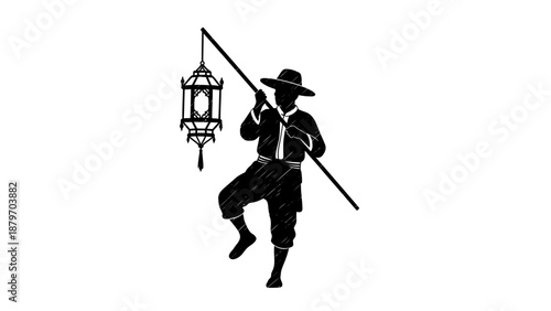 Man Holding Lantern and Long Stick.