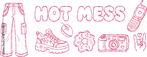 Y2K cargo pants and chunky sneakers lifestyle hand drawn vector line art set for streetwear fashion and aesthetic sticker design HOT MESS