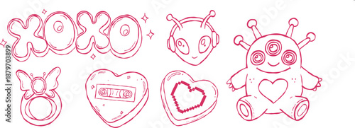 Y2K headphones and boombox music lifestyle hand drawn vector line art set for streetwear fashion and aesthetic sticker design CRUSH ALERT