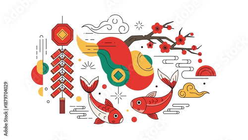 Vibrant Chinese New Year Illustration with Koi Fish.
