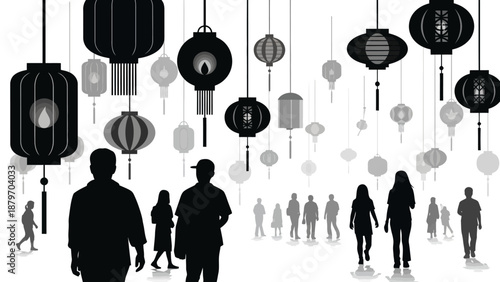 Silhouetted People Walking Under Hanging Lanterns.