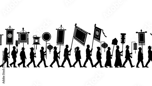 Silhouetted People Marching with Protest Signs.