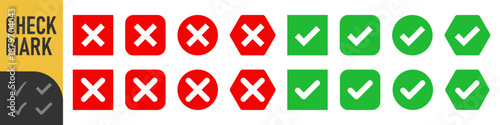 check mark icon button set. check box icon with right and wrong buttons and yes or no checkmark icons in green tick box and red cross. vector illustration