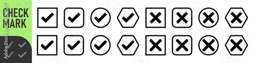 check mark icon button set. check box icon with right and wrong buttons and yes or no checkmark icons in green tick box and red cross. vector illustration