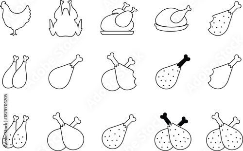 Set of grilled chicken icons, collection of roasted poultry and meat symbols, group of line vector illustrations, add drumstick, roast, barbecue, food menu design, black icon