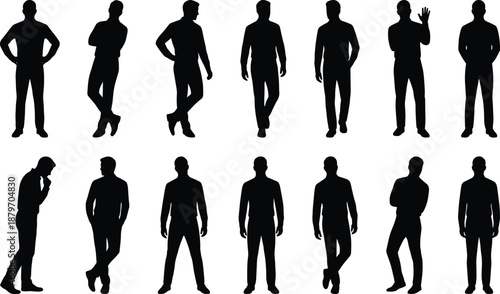 Male standing silhouette collection showing casual and confident body poses, full length human figures isolated on white background for design projects vector illustration set