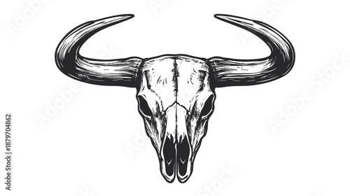 Black and White Bull Skull Illustration.